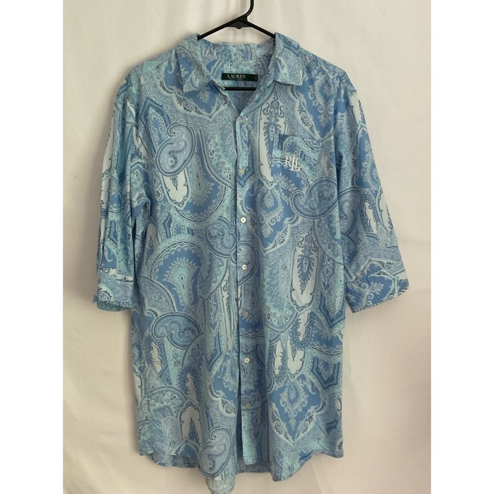 Ladies Large Ralph Lauren Sleep Shirt Blue Paisley Embroidered Pocket Logo